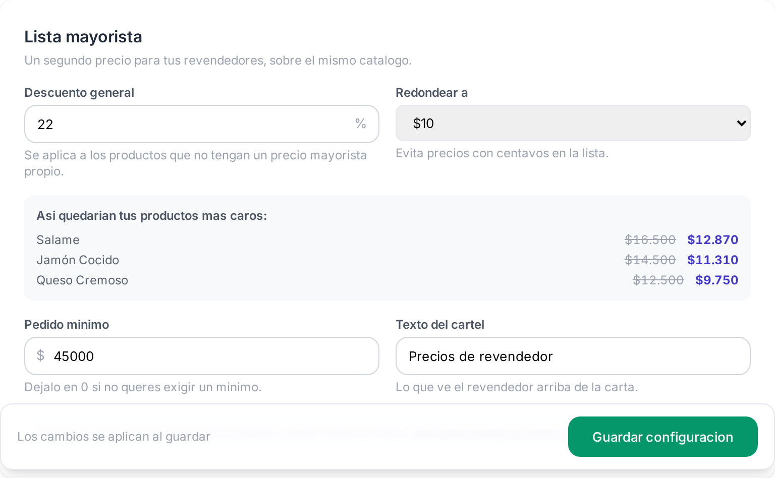 La tarjeta Lista mayorista con el descuento en 22%, redondeo a $10 y la vista previa sobre productos reales