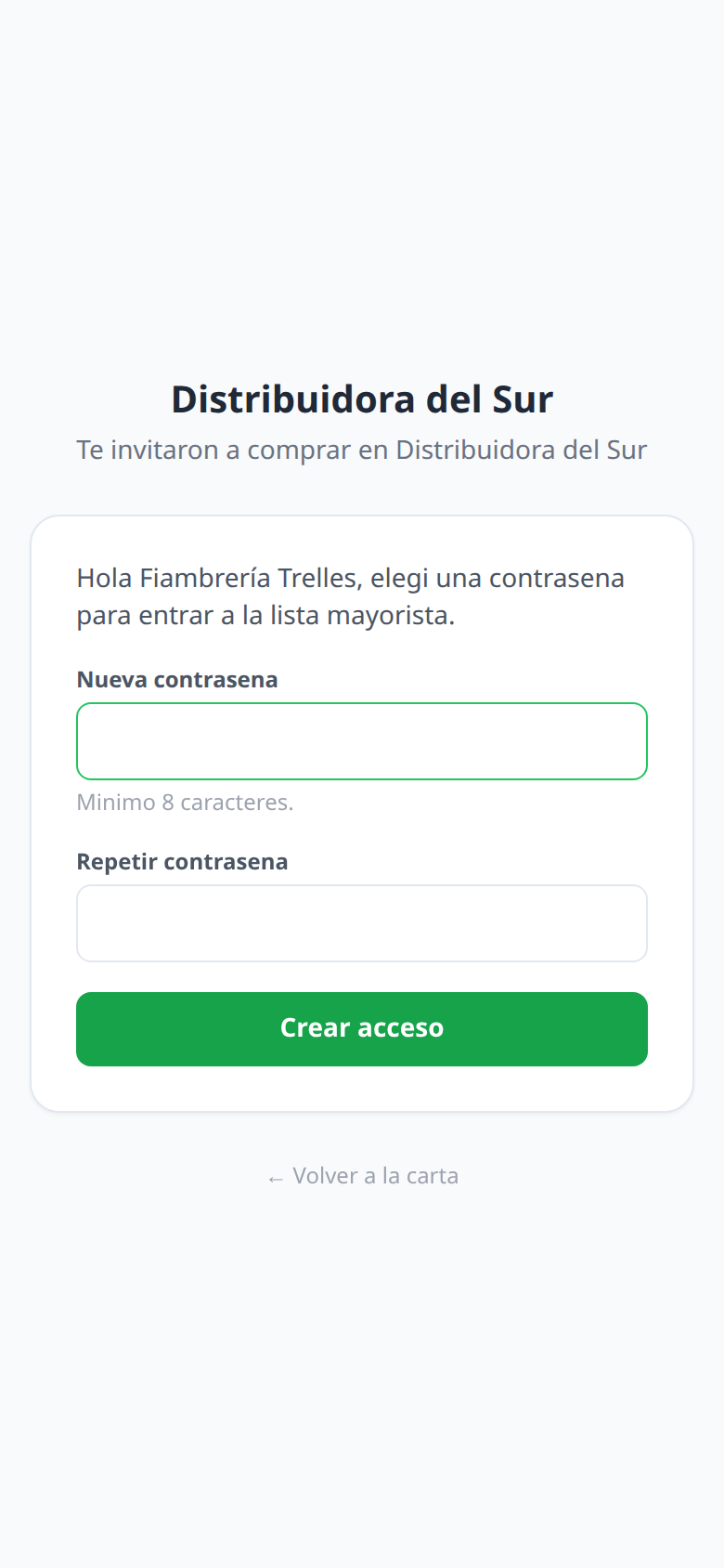 La pantalla donde el revendedor elige su contraseña