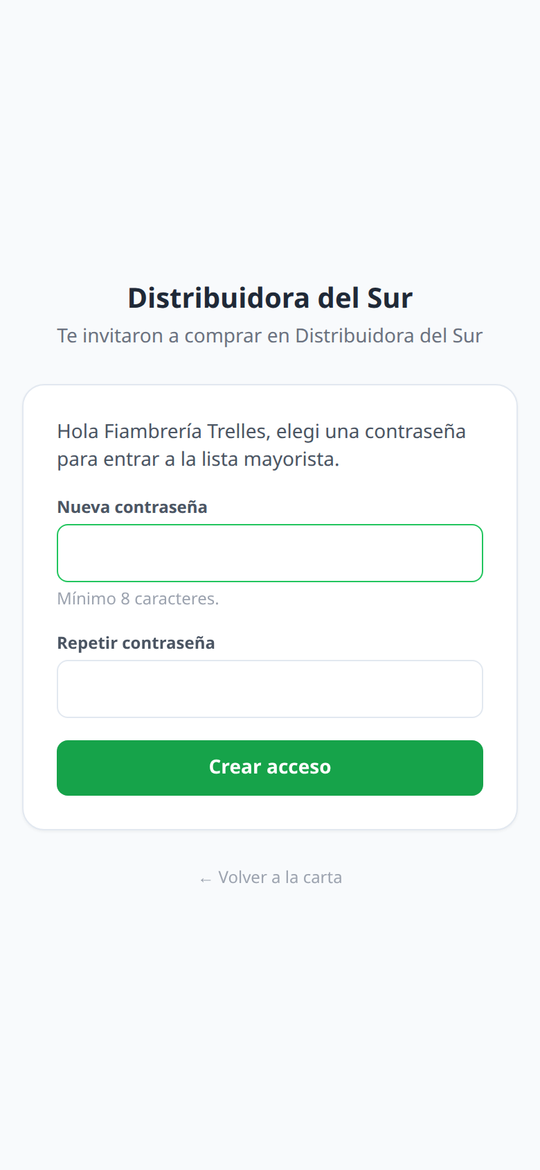 La pantalla donde el revendedor elige su contraseña