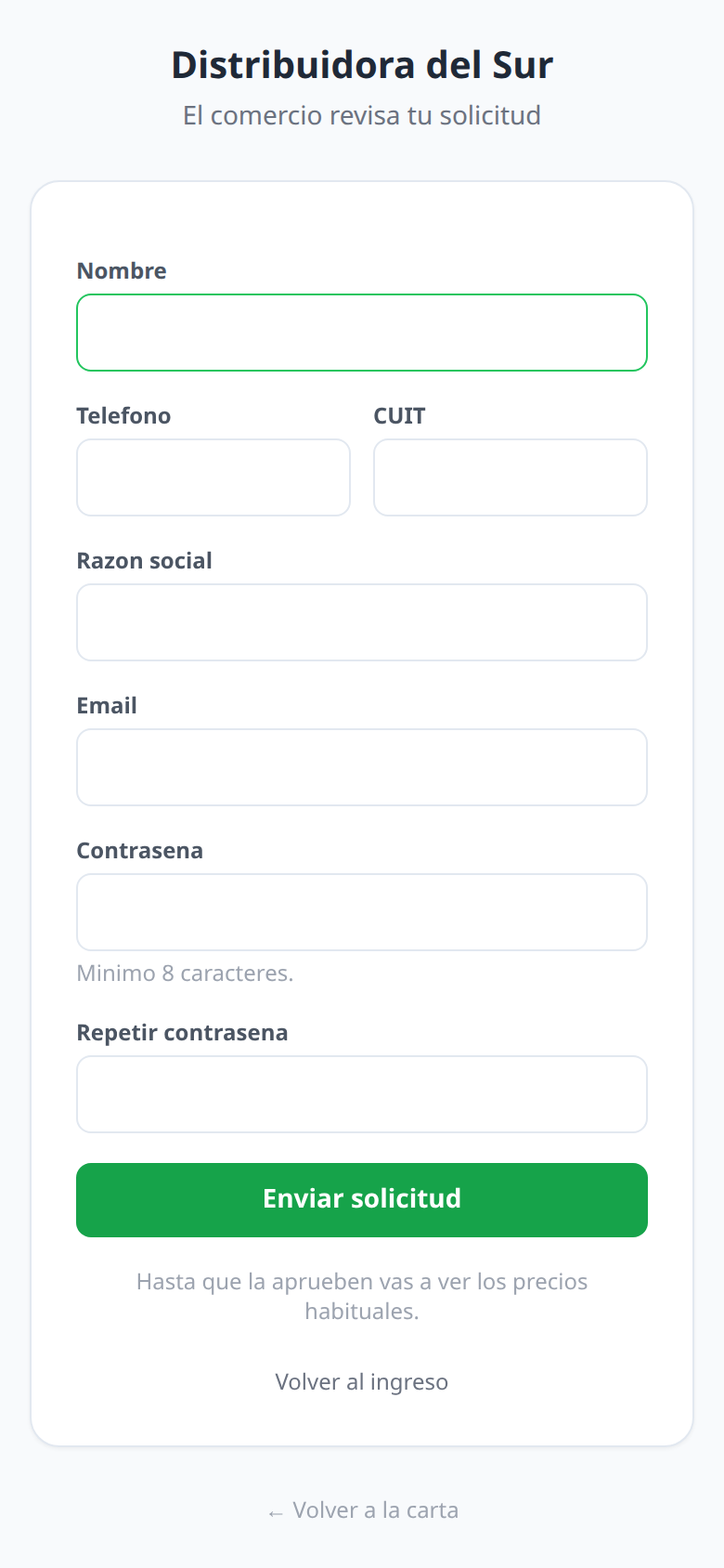 El formulario donde el revendedor deja sus datos y su CUIT