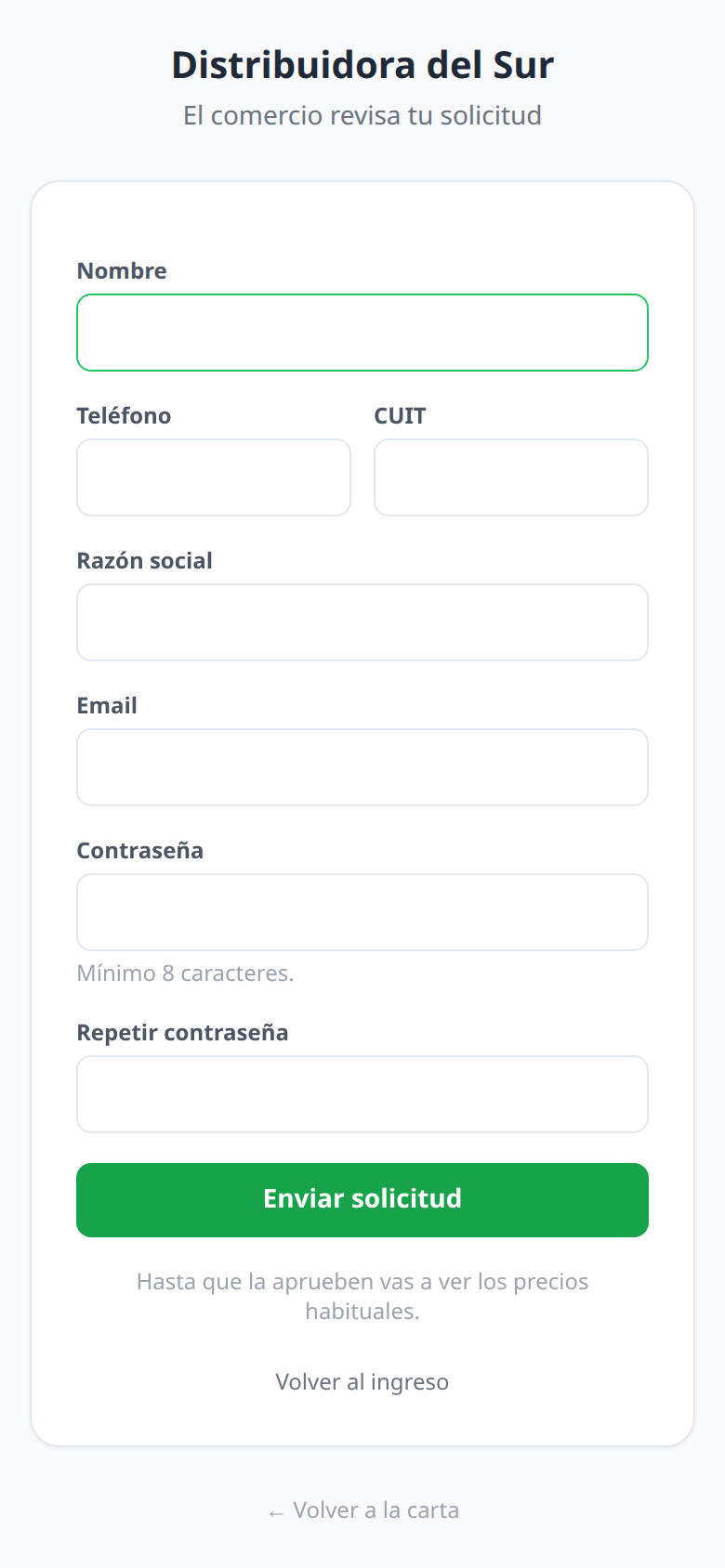 El formulario donde el revendedor deja sus datos y su CUIT