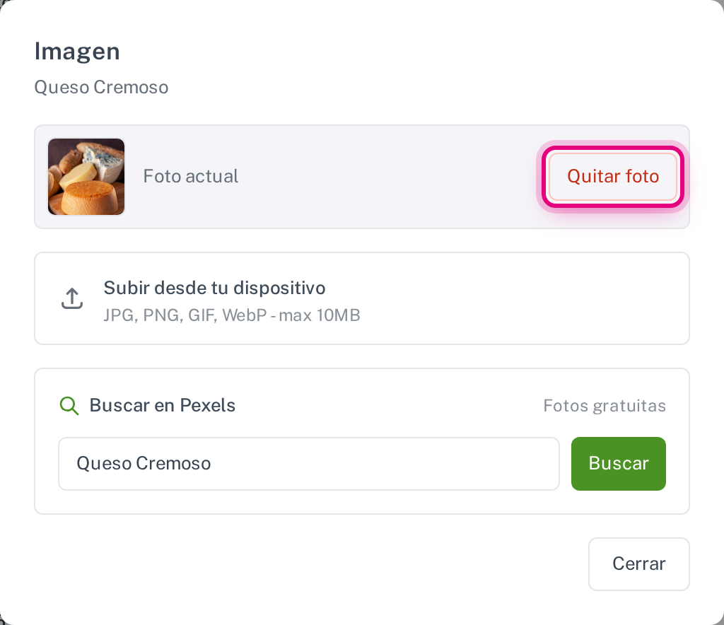 El selector con la foto actual y el botón para quitarla