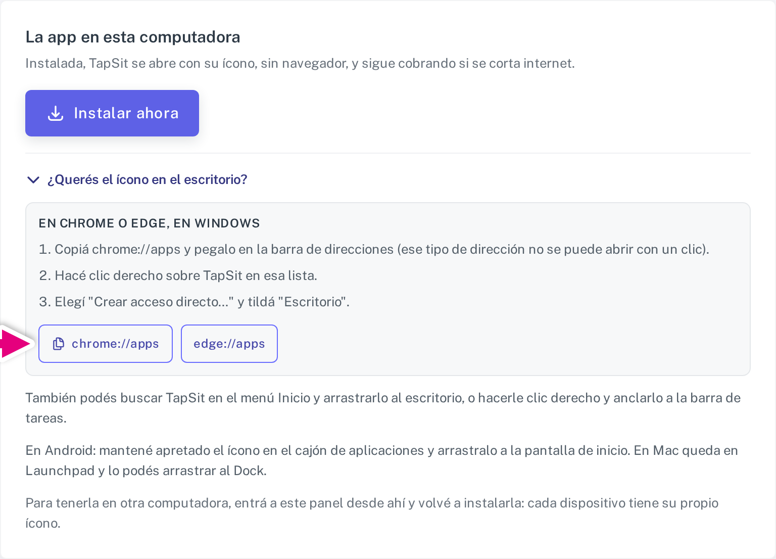 Las instrucciones para crear el acceso directo, con el botón que copia la dirección