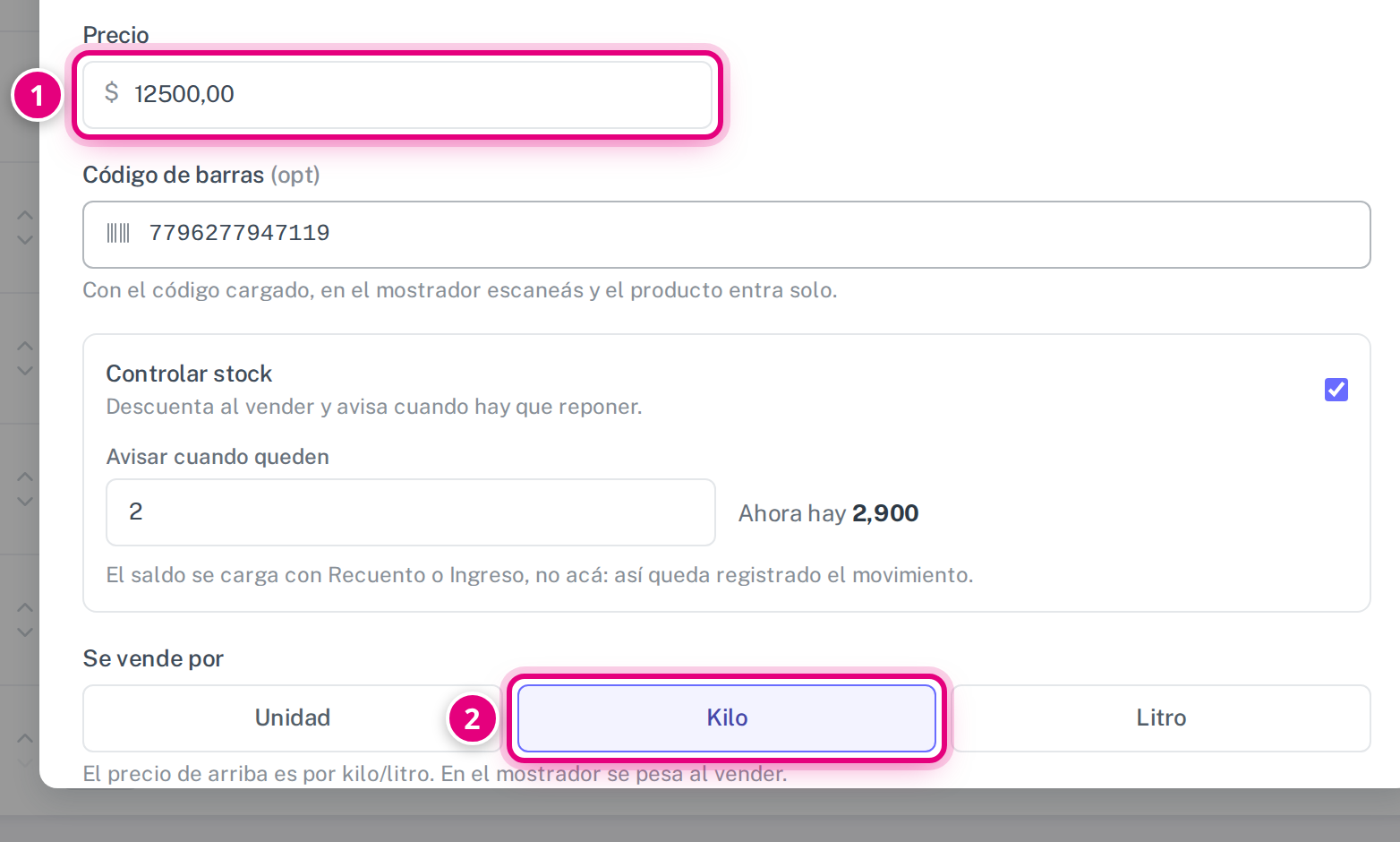 El precio y la unidad de venta, que son un solo concepto