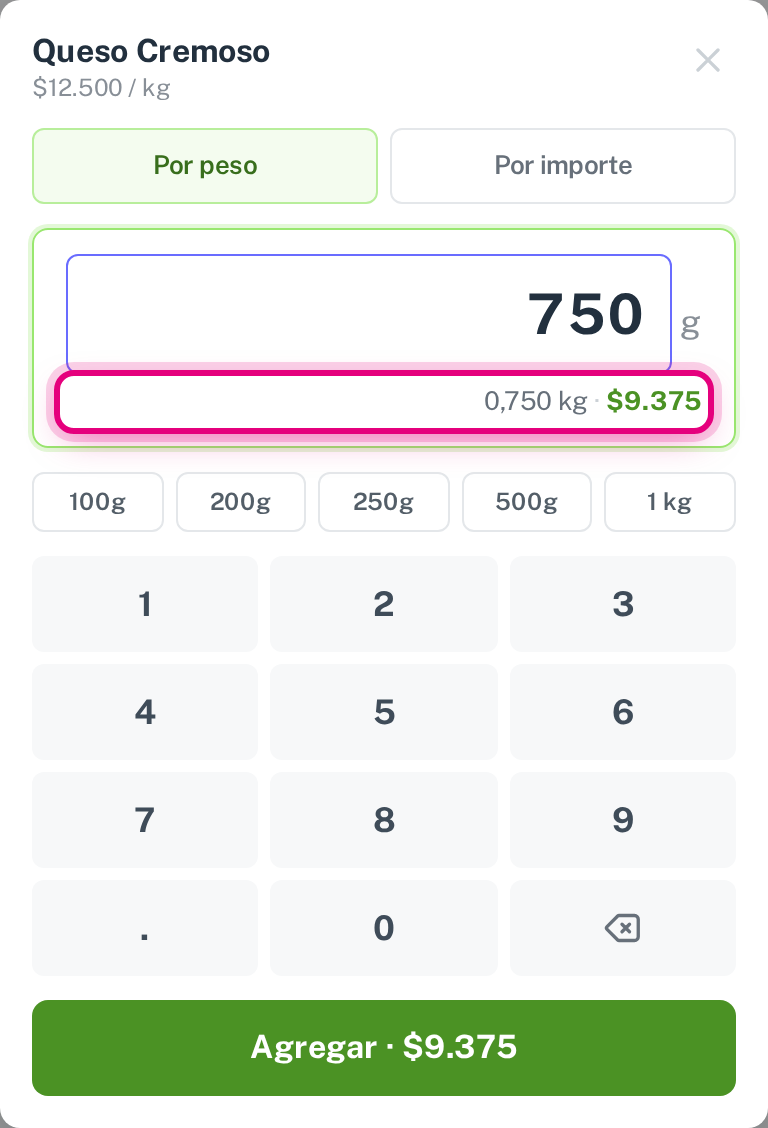 El teclado de peso, con el subtotal en vivo