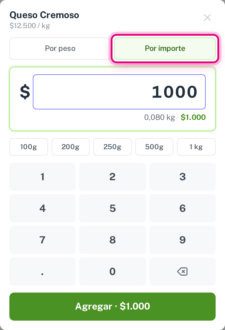 Por importe: el peso lo calcula el sistema