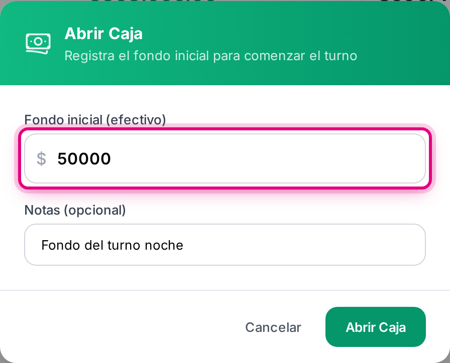 El formulario de apertura, con el fondo inicial y un campo de notas