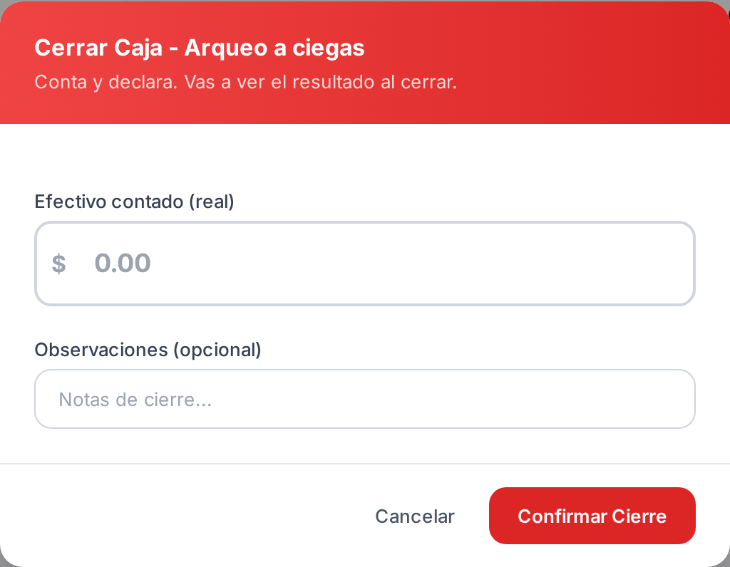 El cierre en modo ciego: sólo pide el efectivo contado, sin mostrar el esperado