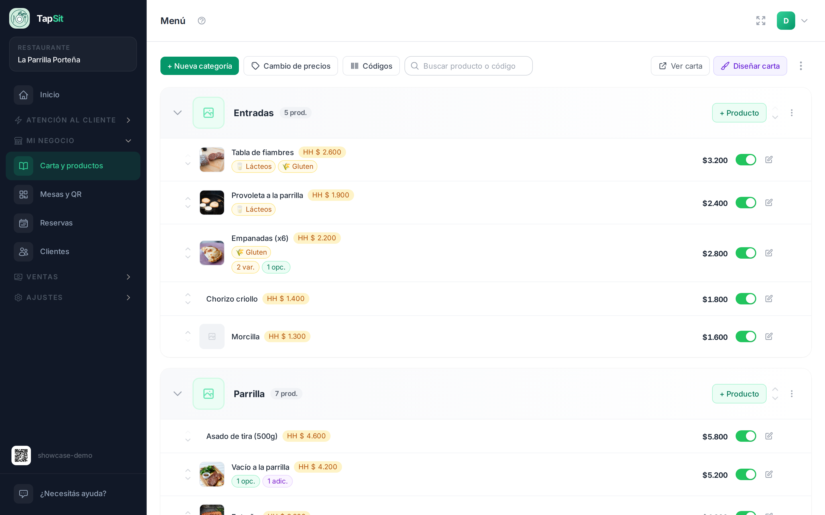El editor de la carta, con las categorías desplegadas y los productos de cada una