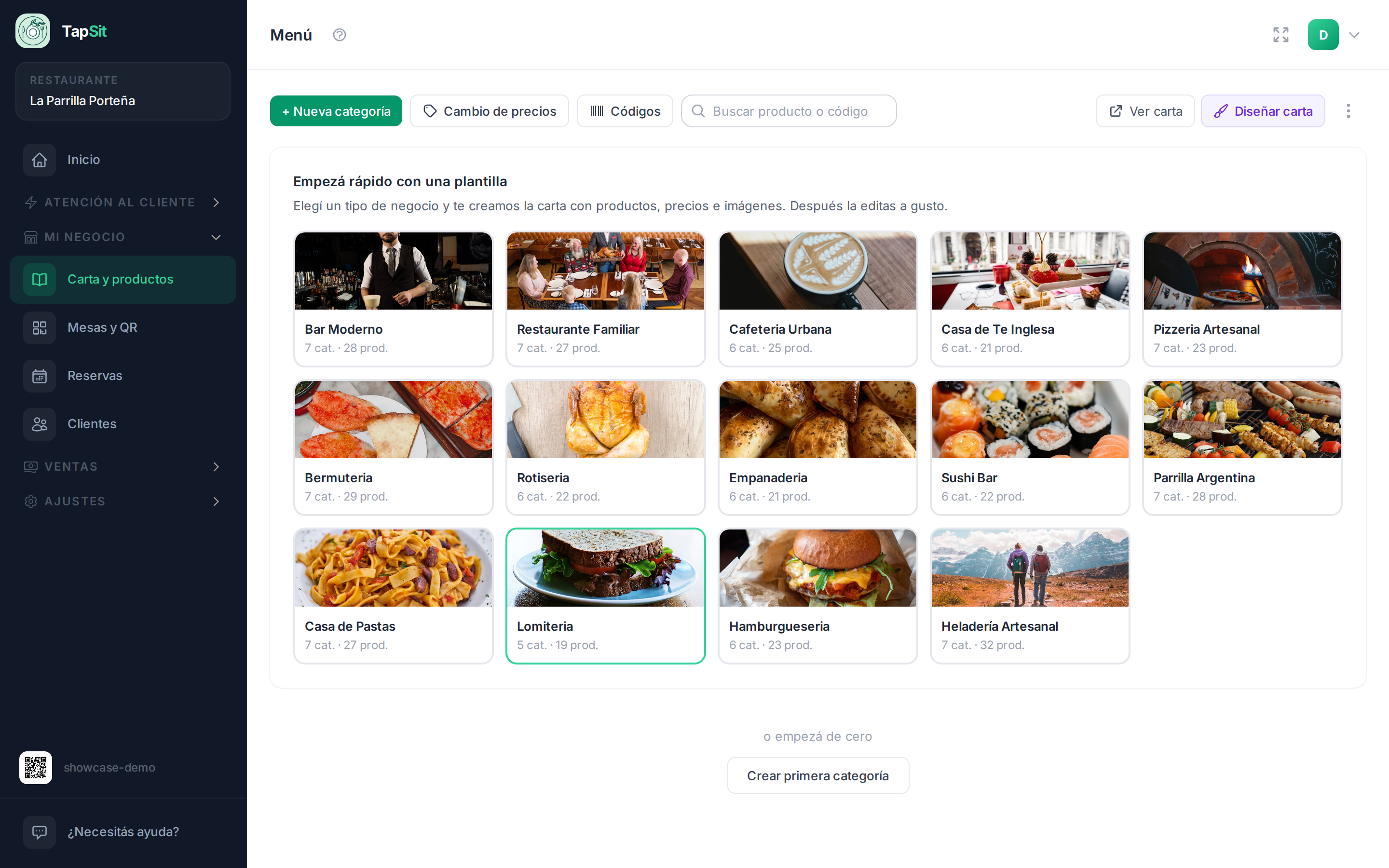 Las plantillas del rubro gastronómico, cada una con cuántas categorías y productos trae