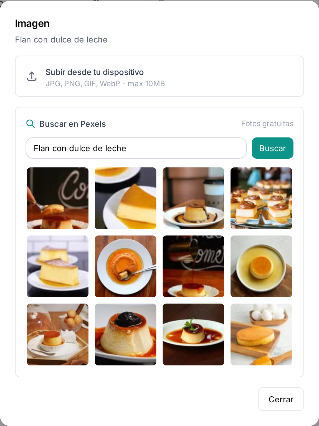 El buscador de imágenes con resultados para un plato, y el botón para subir una foto propia