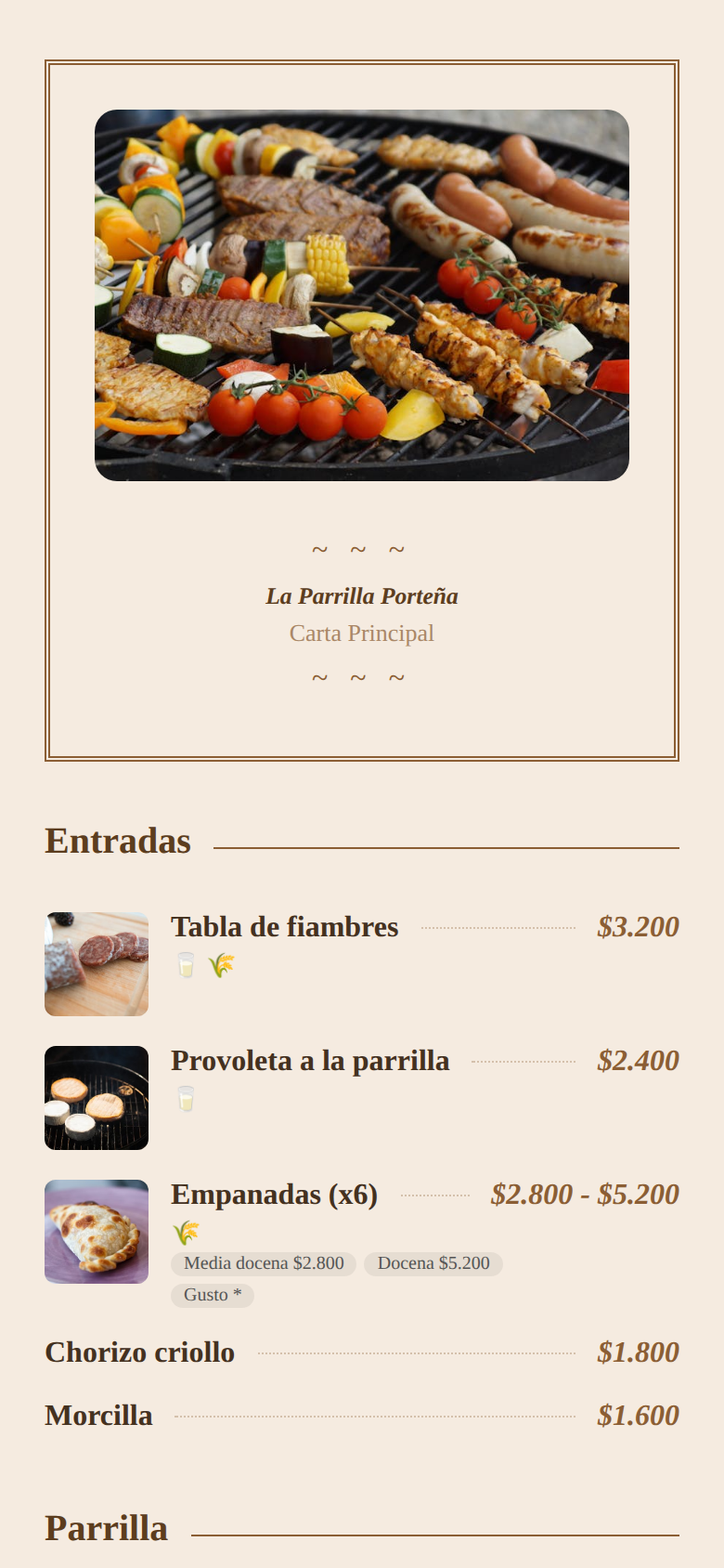 La carta publicada en un celular, con las categorías y los productos con foto
