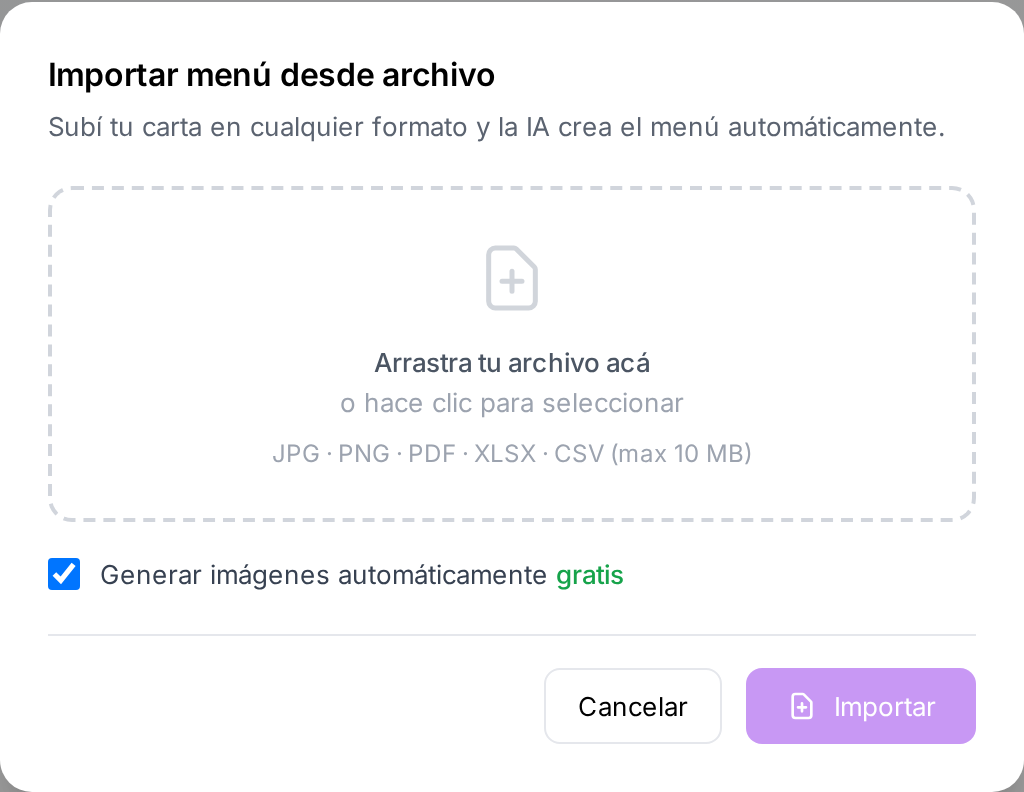 El importador, con los formatos que acepta y la opción de generar las imágenes automáticamente