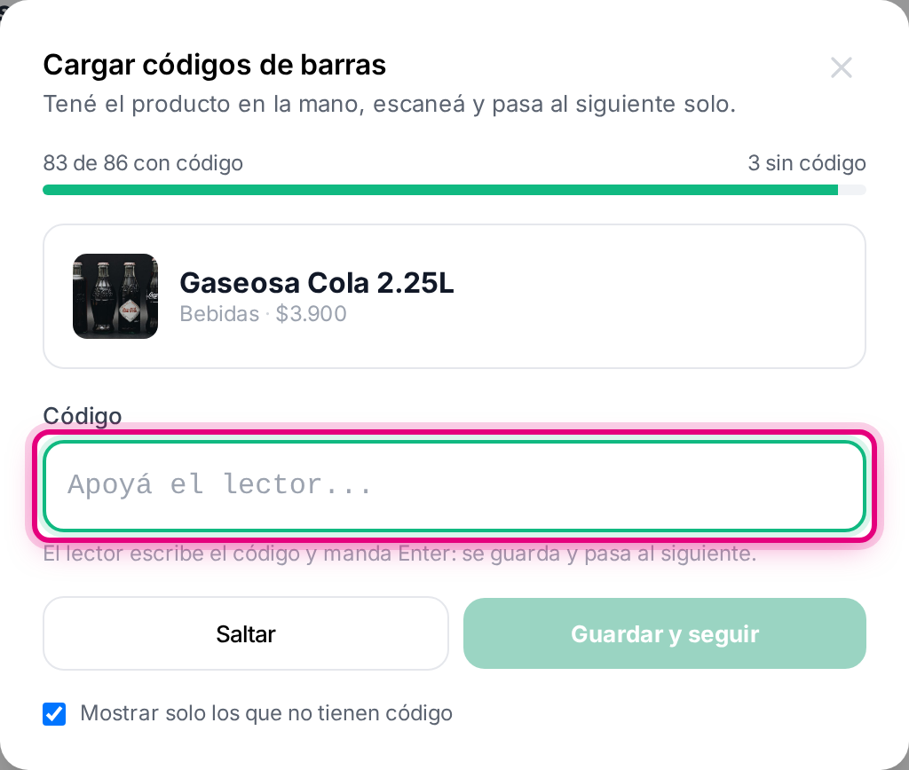 La carga de códigos en cadena: el producto actual, el campo del código y el contador de pendientes