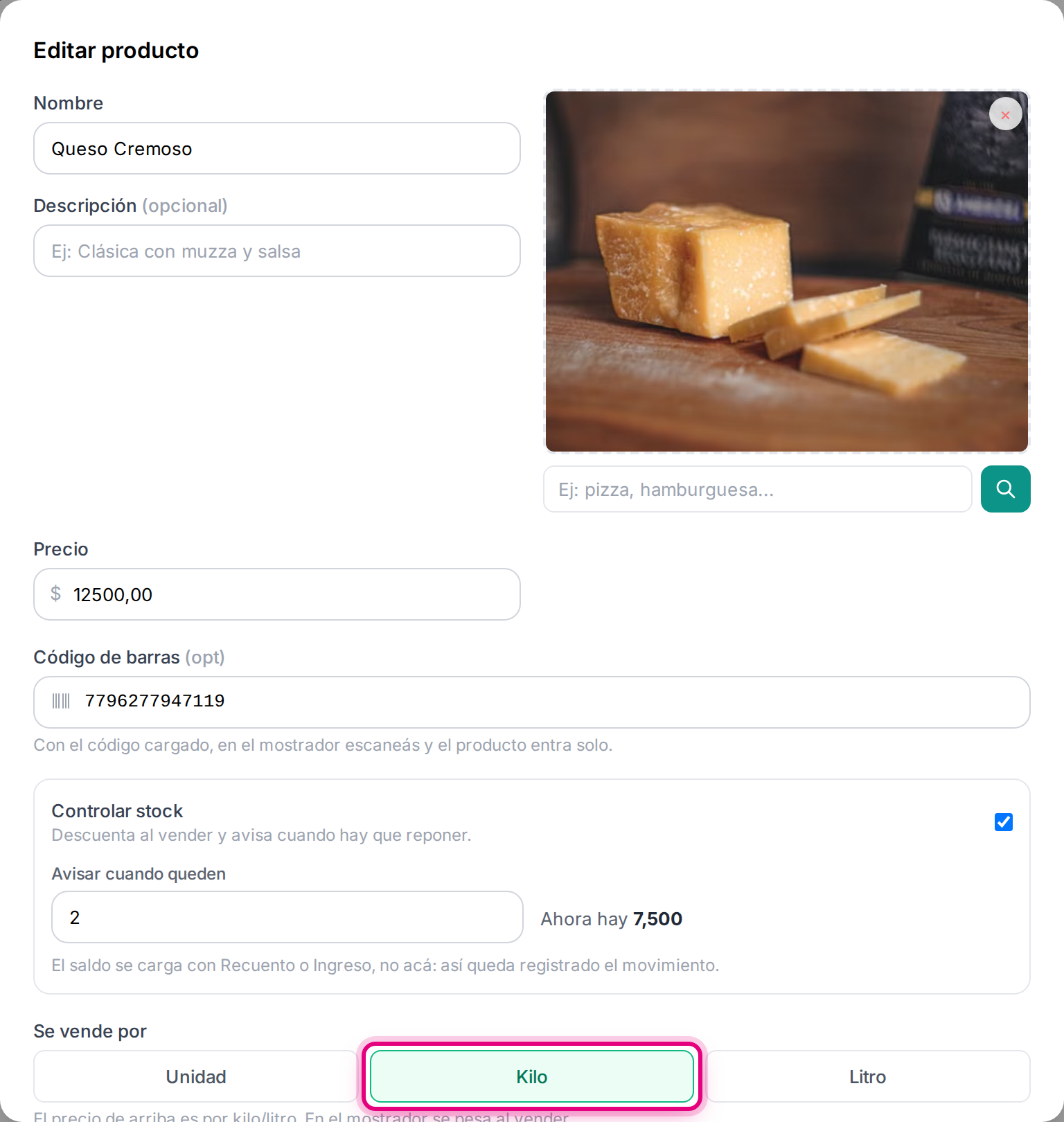 El producto configurado para venderse por kilo, con el precio por kilo