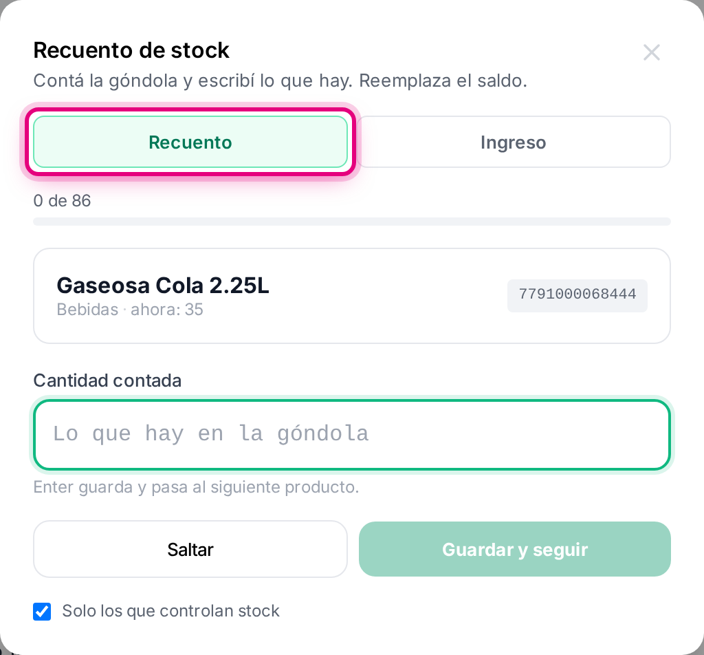La carga de stock en cadena, con el modo recuento seleccionado y el contador de avance