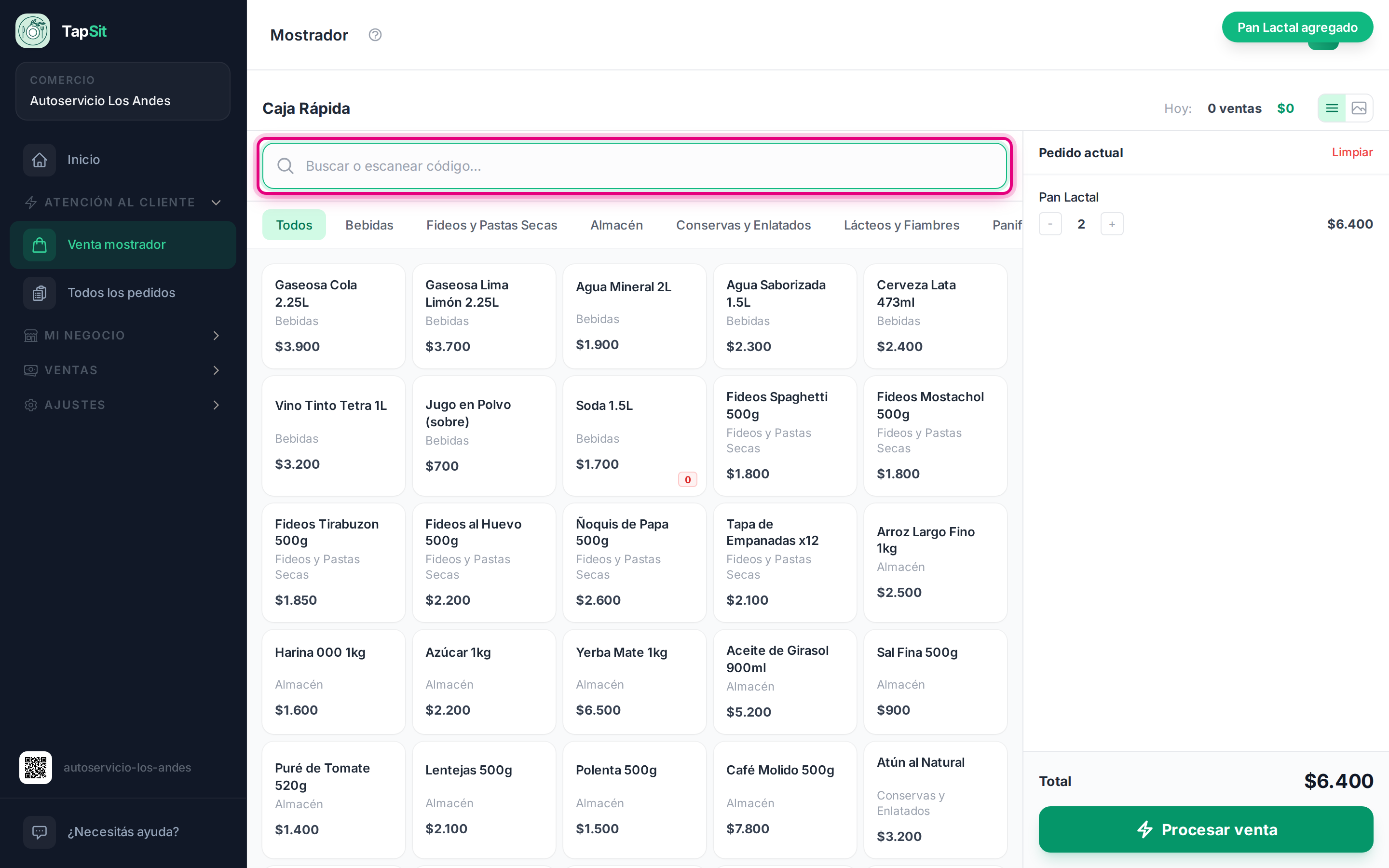 El buscador con un código escaneado y el producto ya sumado al ticket