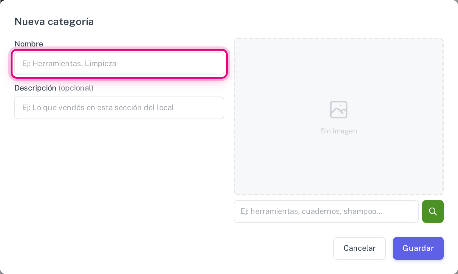 El formulario de una categoría nueva