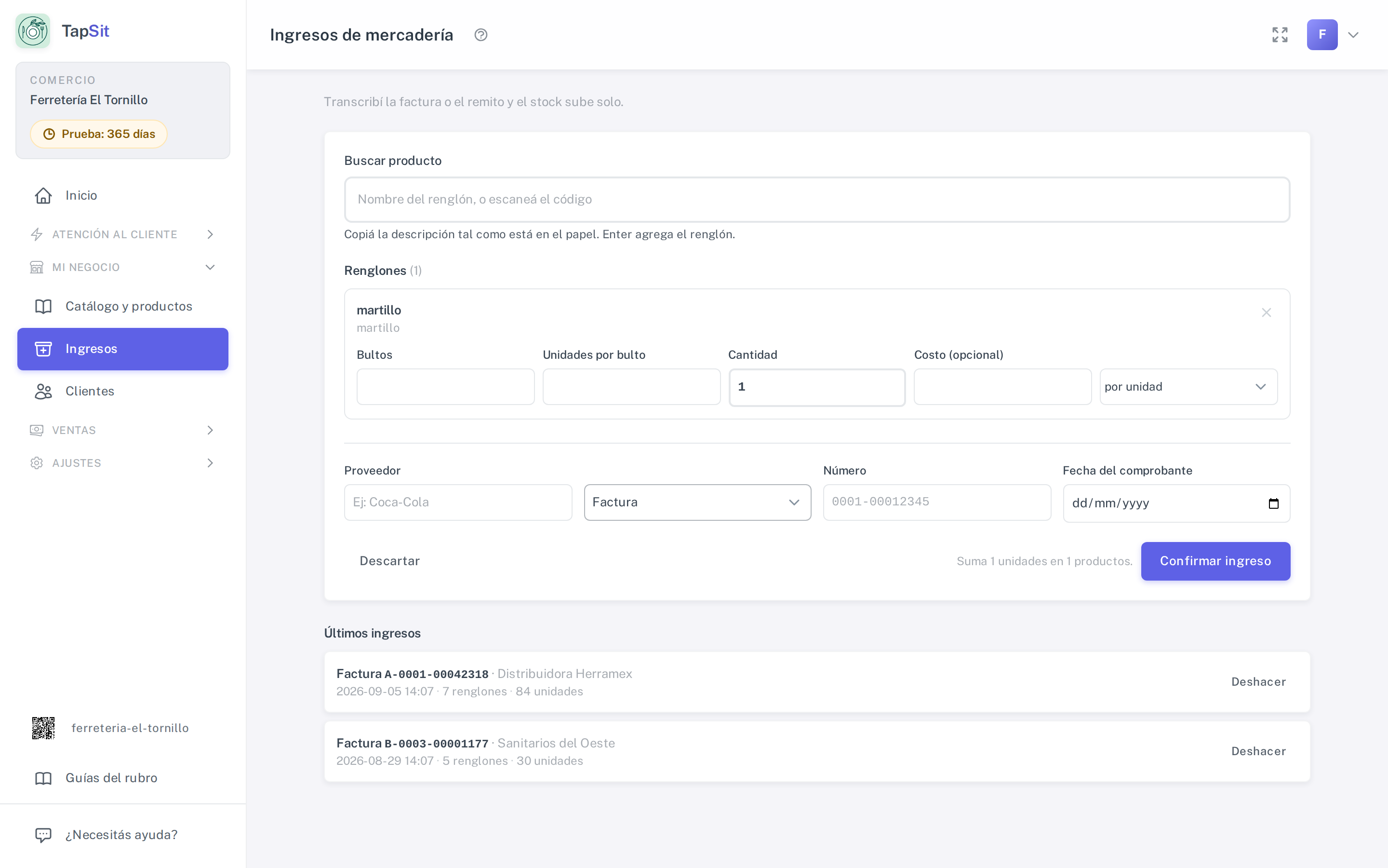 La lista de ingresos ya cargados
