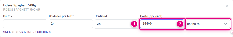 El costo del renglón, con el unitario calculado abajo