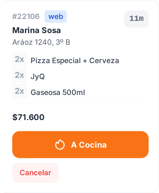Una tarjeta de pedido nuevo con la dirección, los ítems, la nota del cliente y el total