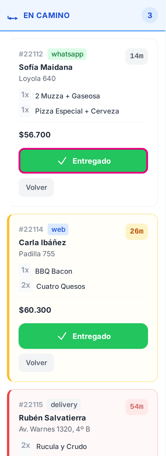 La columna En camino, con los pedidos que ya salieron a repartir