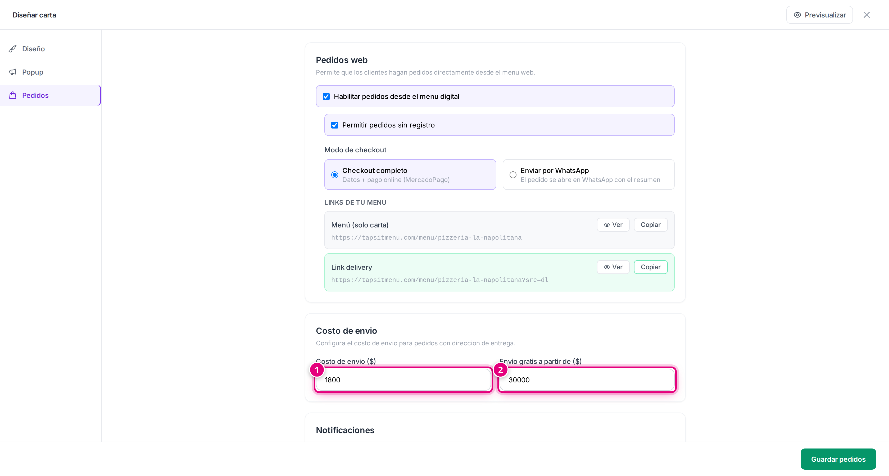 La configuración de pedidos, con el costo de envío y el mínimo para envío gratis