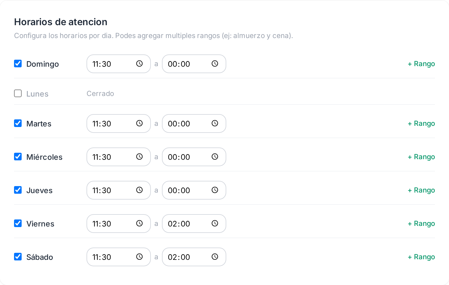 La tarjeta de horarios de atención con los siete días de la semana configurados
