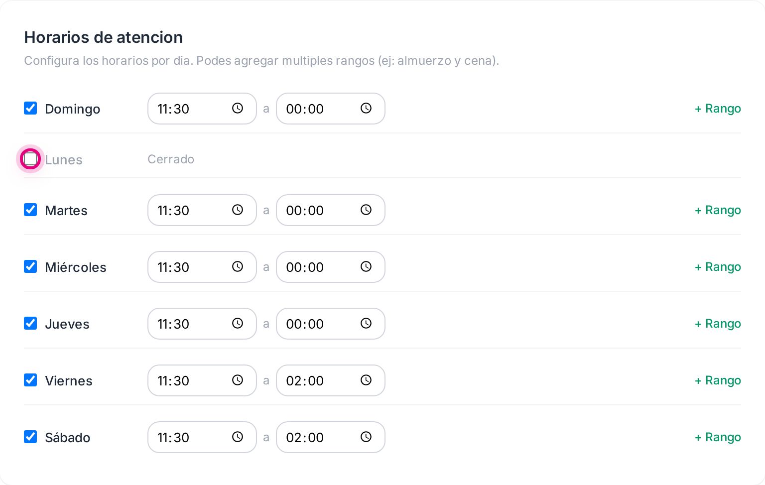 Un día con el interruptor apagado, que se muestra como cerrado, y los demás con su horario