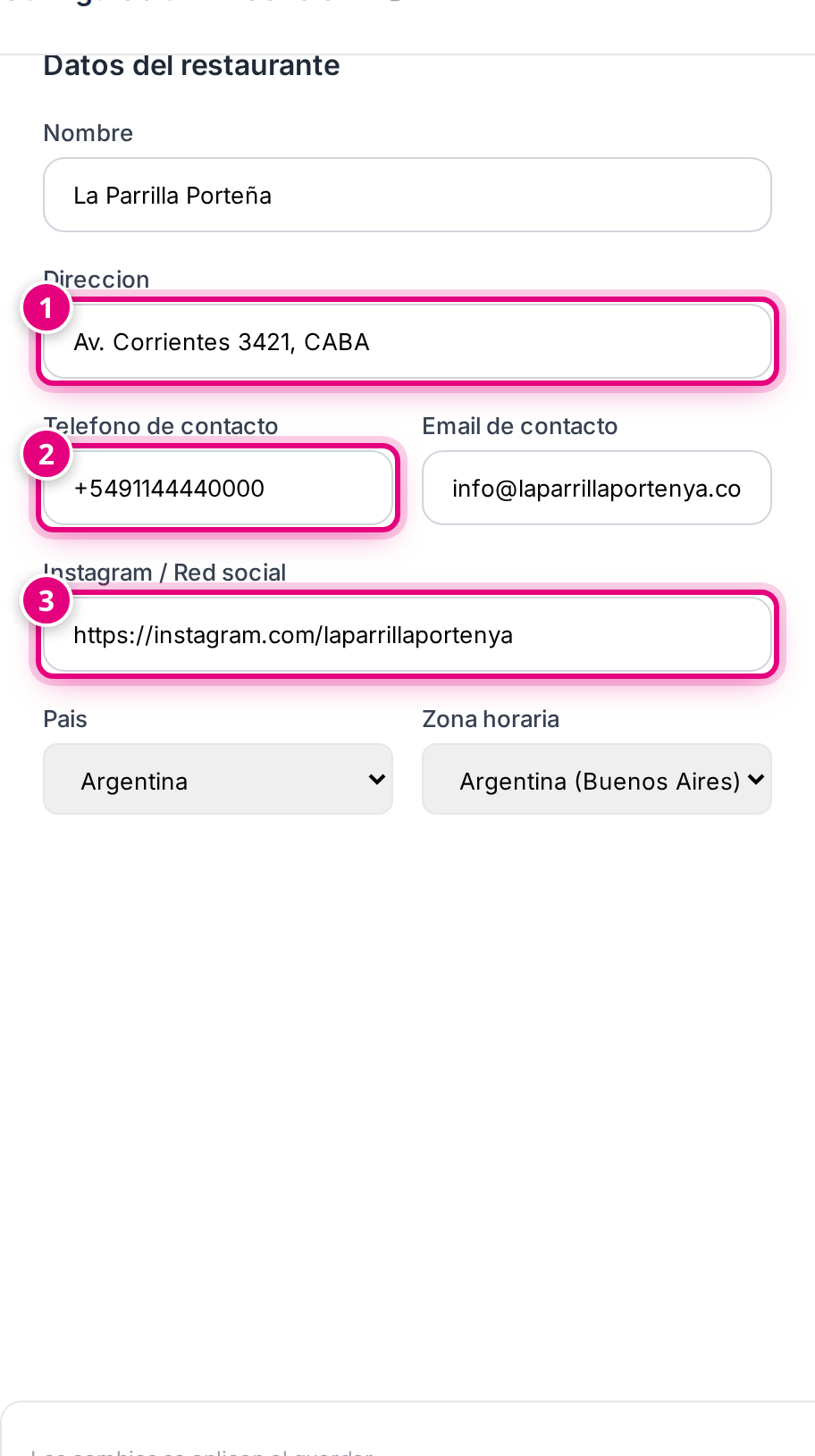 Los campos de dirección, teléfono, email e Instagram del negocio