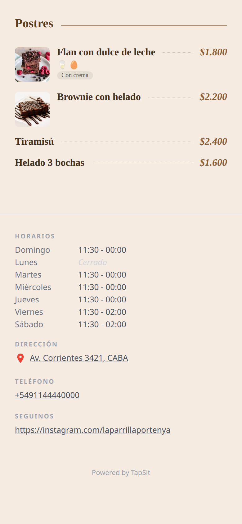 El pie de la carta en un celular, con la tabla de horarios y los días cerrados