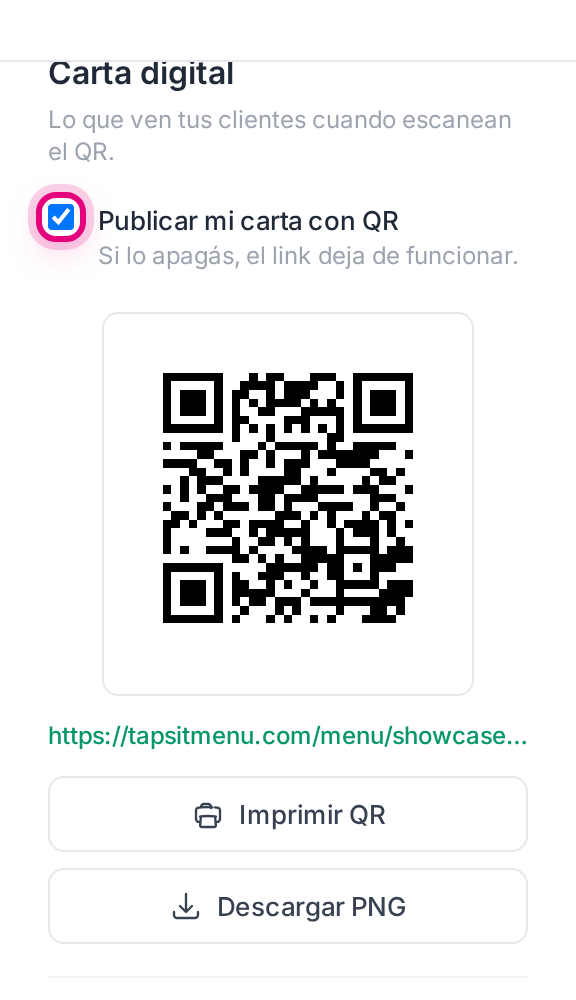 El interruptor de publicar la carta, con el QR y el link debajo