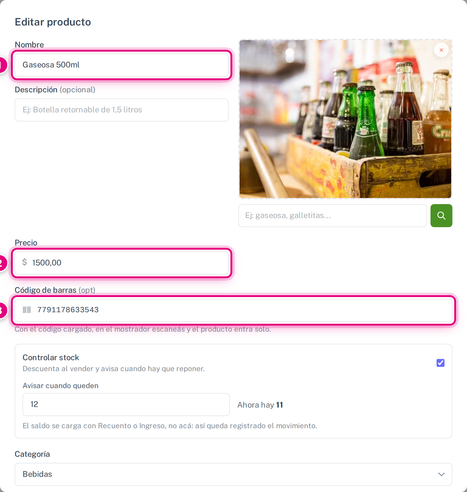 El producto: nombre, precio y código