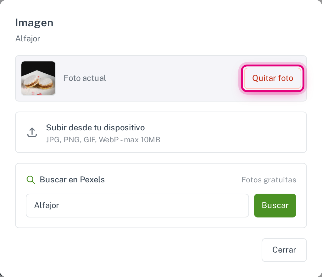 El selector con la foto actual y el botón para quitarla