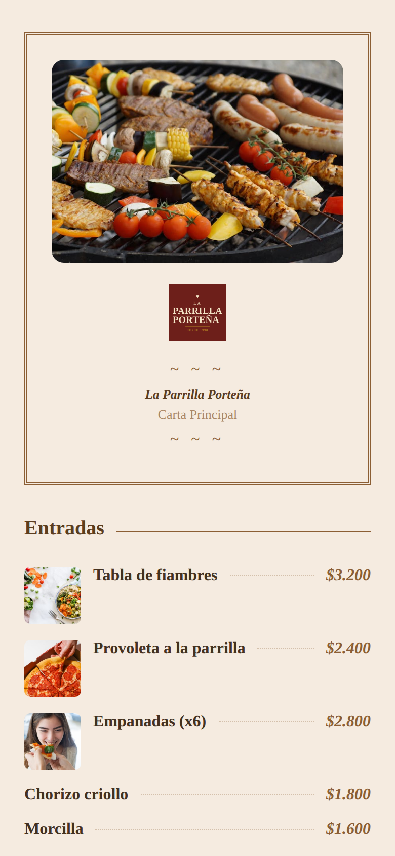 La carta con el logo del comercio arriba del nombre y su propia foto de portada