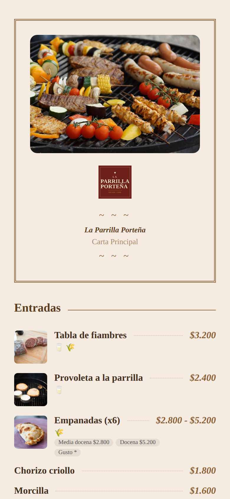 La carta con el logo del comercio arriba del nombre y su propia foto de portada