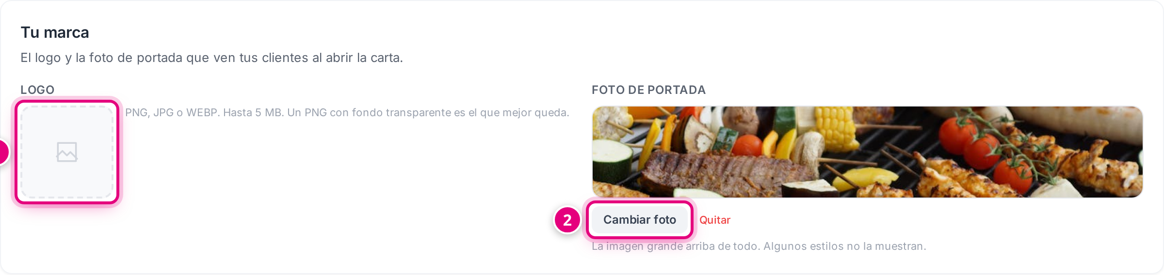 La tarjeta Tu marca vacía: (1) el recuadro del logo, (2) la foto de portada
