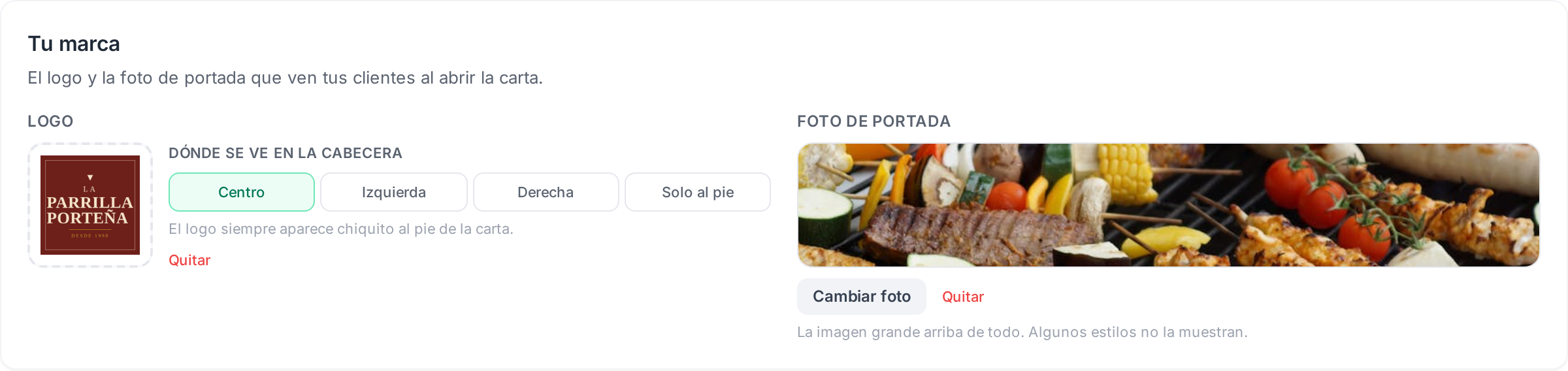 El logo cargado, con las opciones de posición y el botón para quitarlo