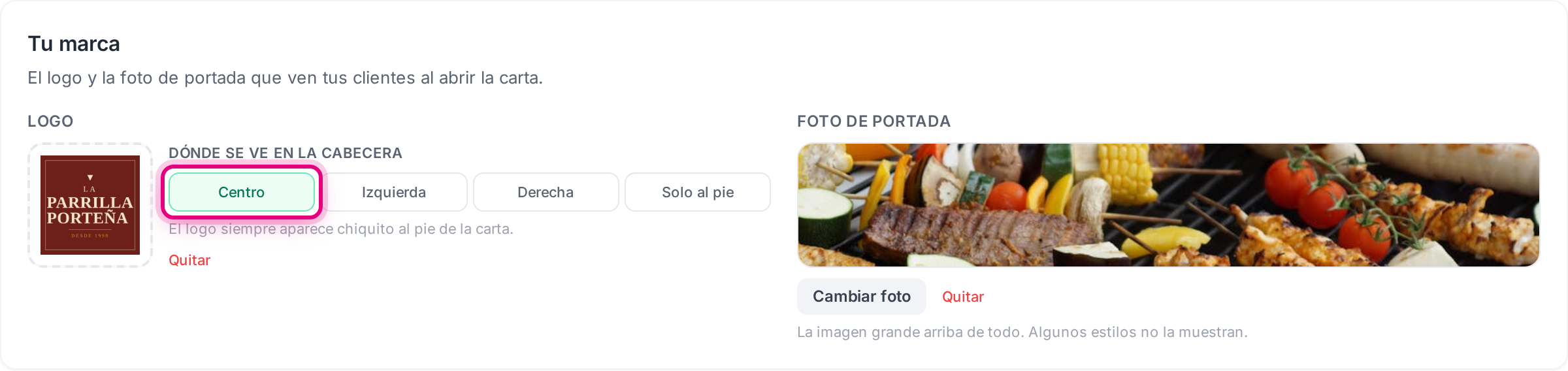 El logo cargado, con las opciones de posición y el botón para quitarlo