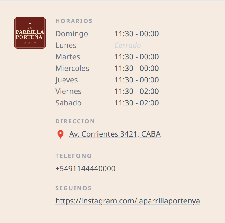 El pie de la carta con el logo al lado de los horarios y la dirección