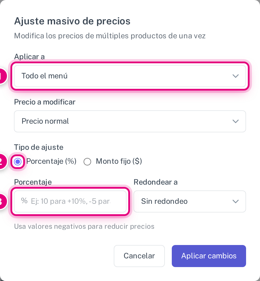 Alcance, tipo de ajuste y valor