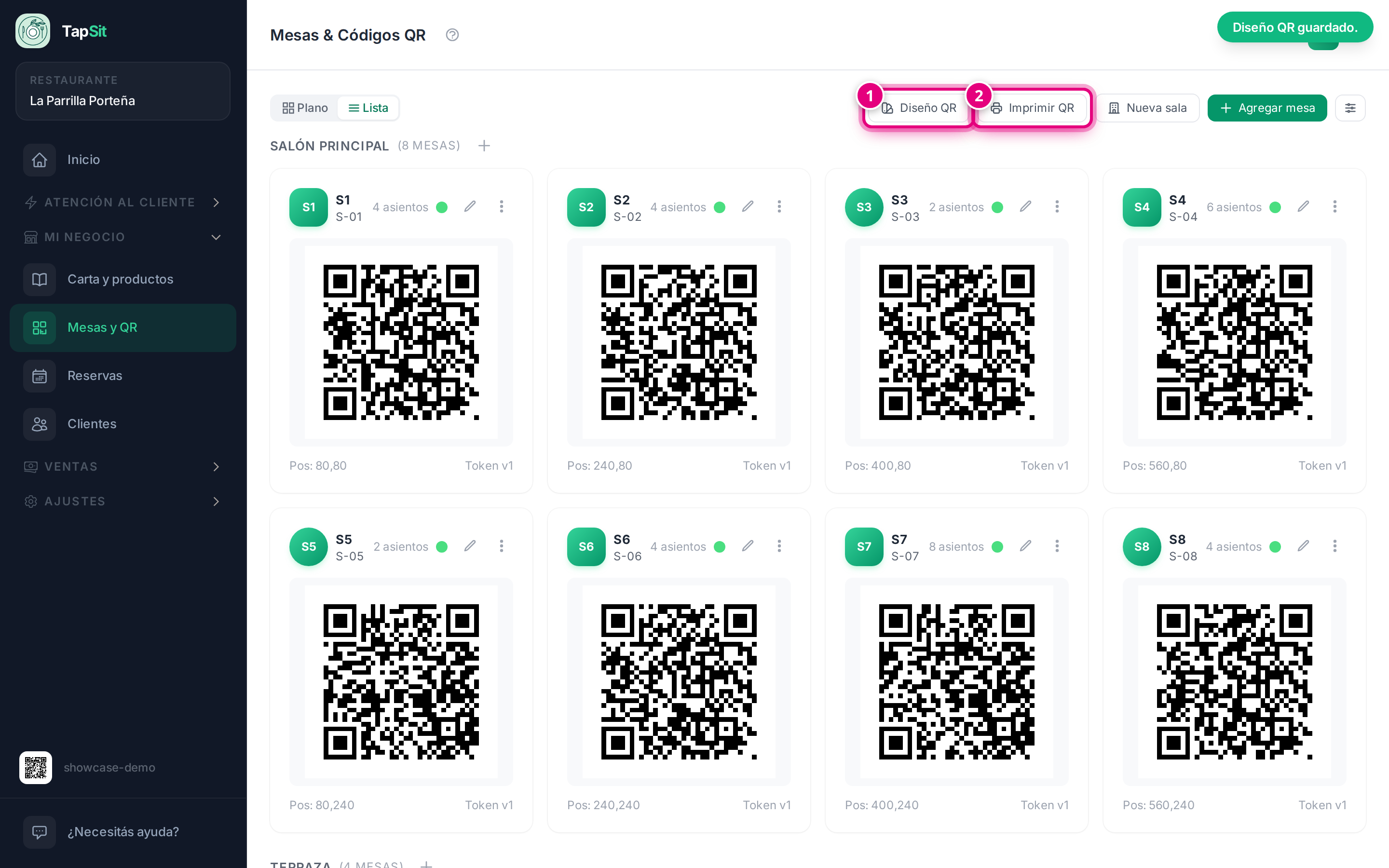 La pantalla de Mesas & QR en vista lista, con el código de cada mesa