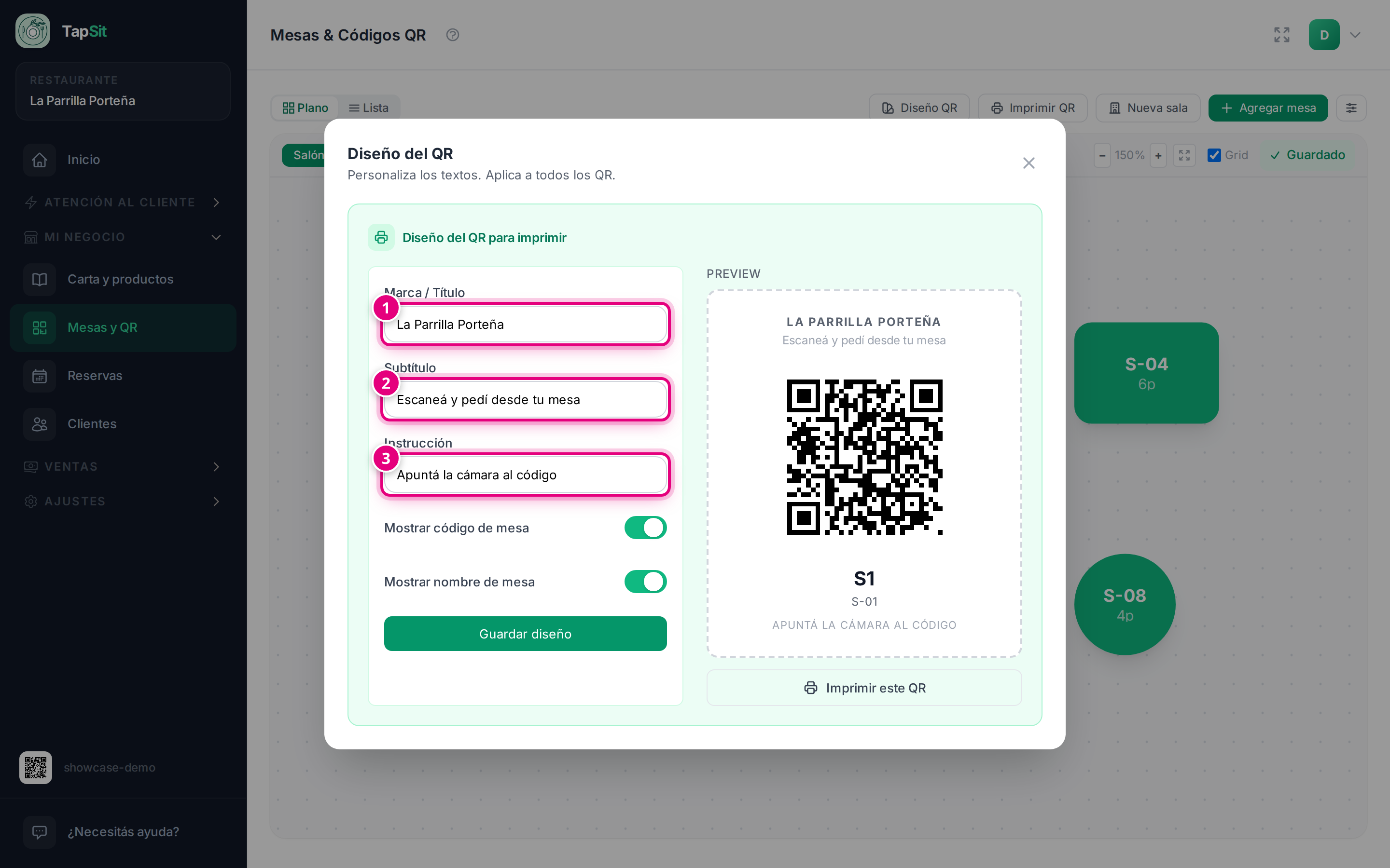 El diseñador del QR, con el nombre del local, el subtítulo y la instrucción cargados