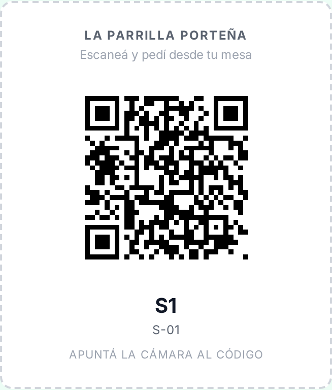 La vista previa del cartelito, con el nombre, el código QR y el número de mesa
