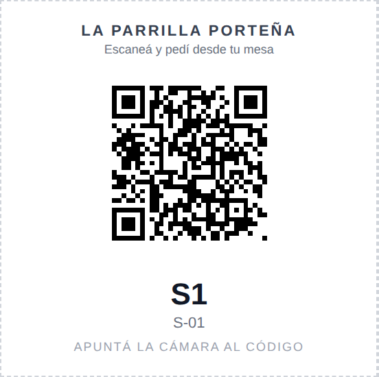Una tarjeta sola, con el nombre del local, el código y el número de mesa
