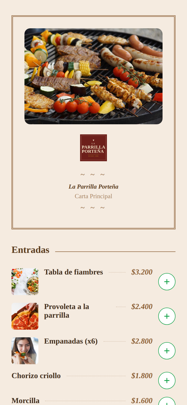 La carta abierta en el teléfono de un cliente, con el logo del local arriba