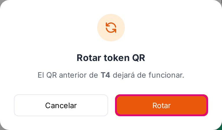 El aviso de confirmación antes de cambiar el código de una mesa