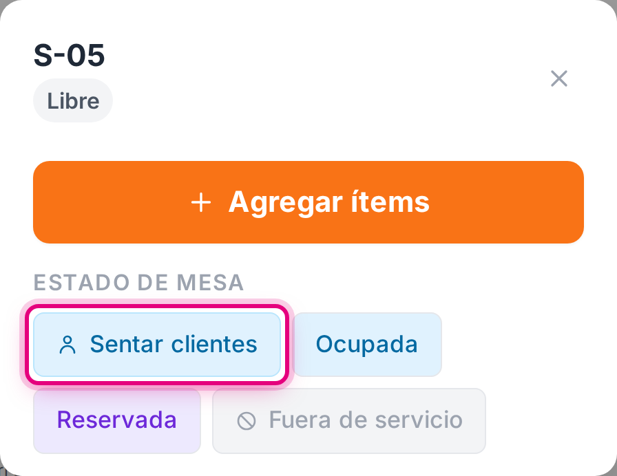 El panel de una mesa libre, con el botón de sentar clientes