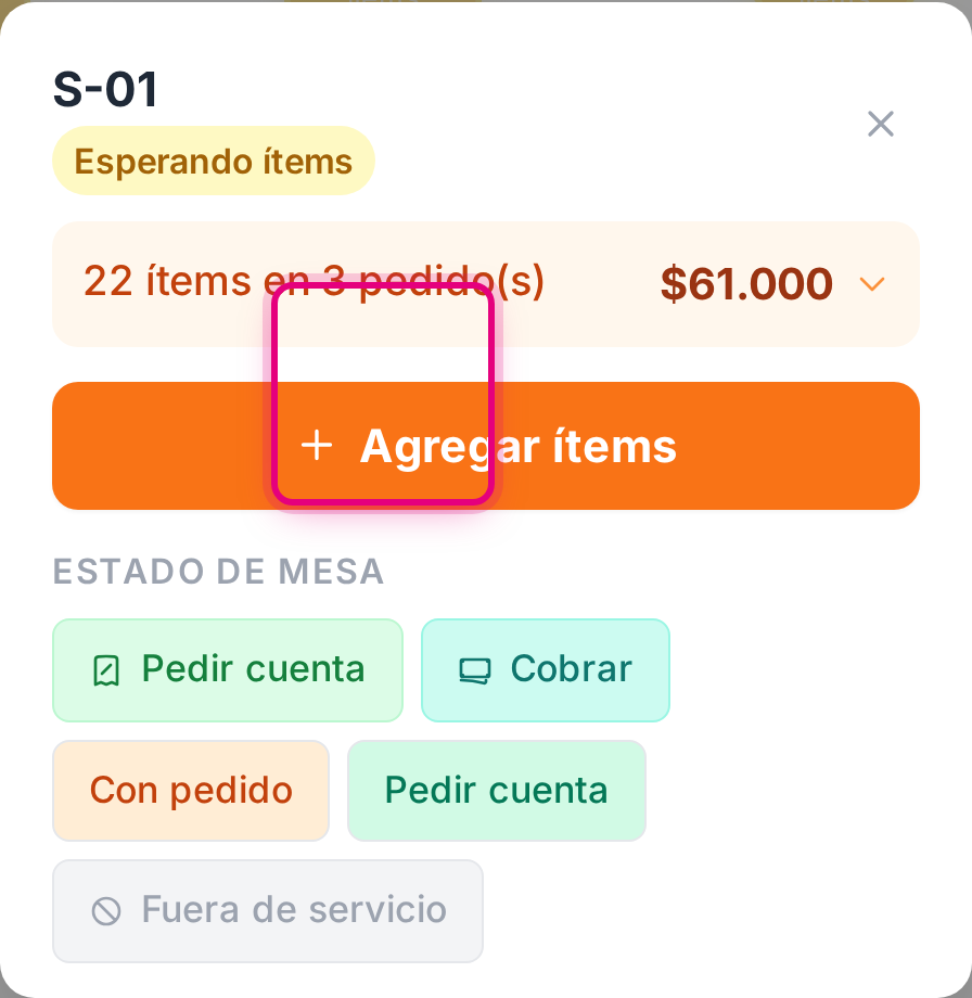 El panel de una mesa con pedidos y el botón de pedir la cuenta
