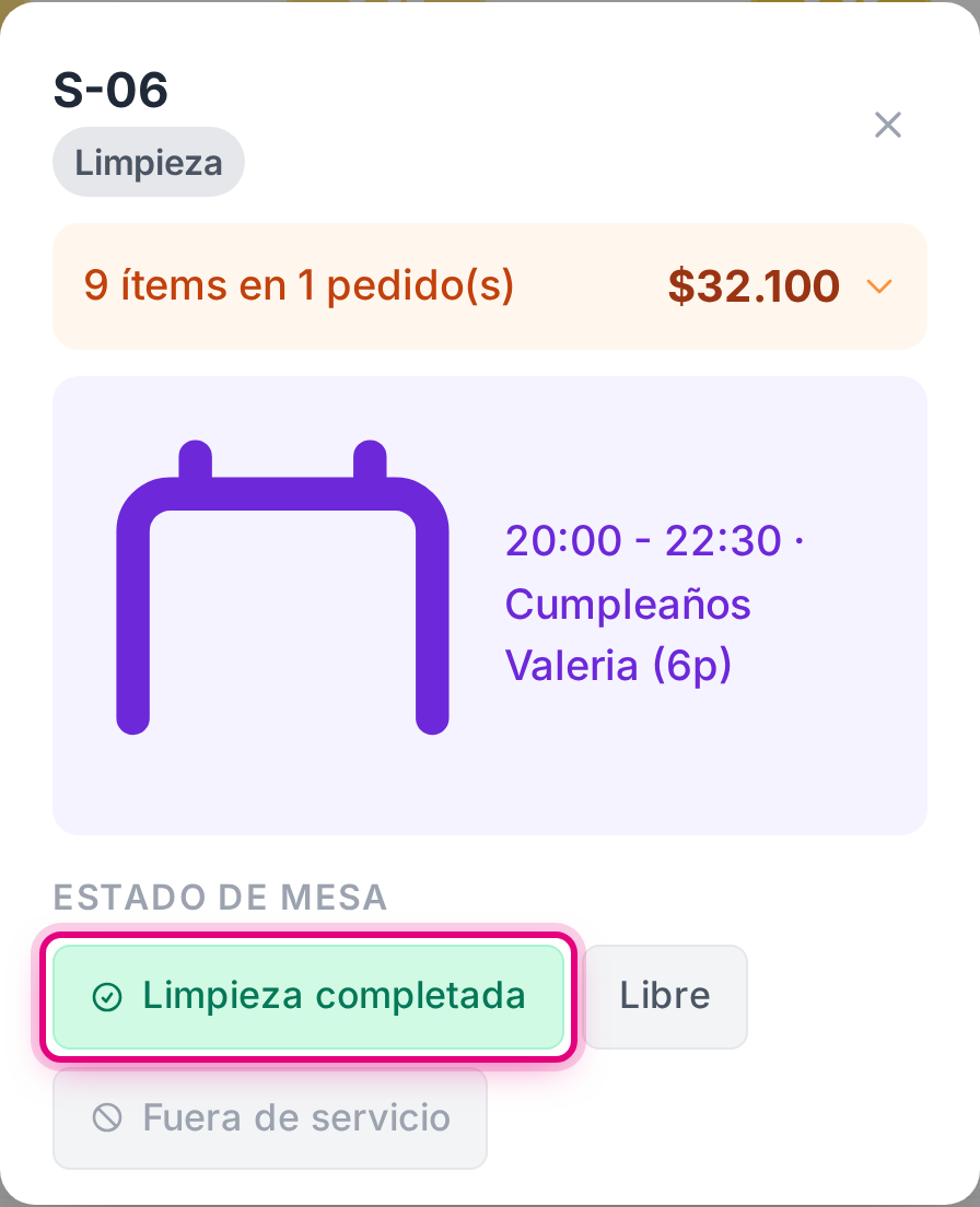La mesa en estado de limpieza, con el botón de limpieza completada
